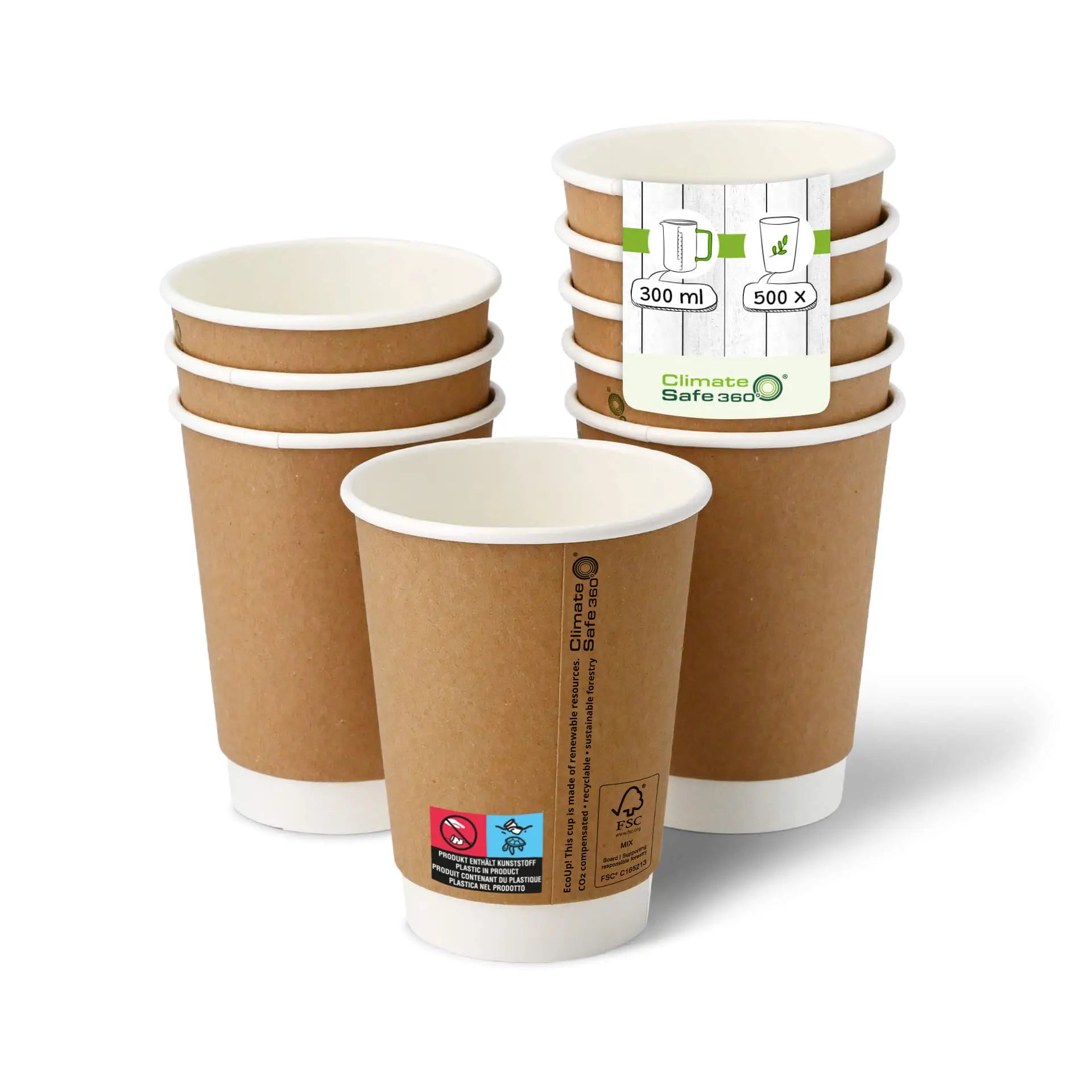 Coffee to go Becher aus Pappe (beschichtet) doppelwandig, 300 ml / 12 oz, Ø 90 mm, braun, innen weiß