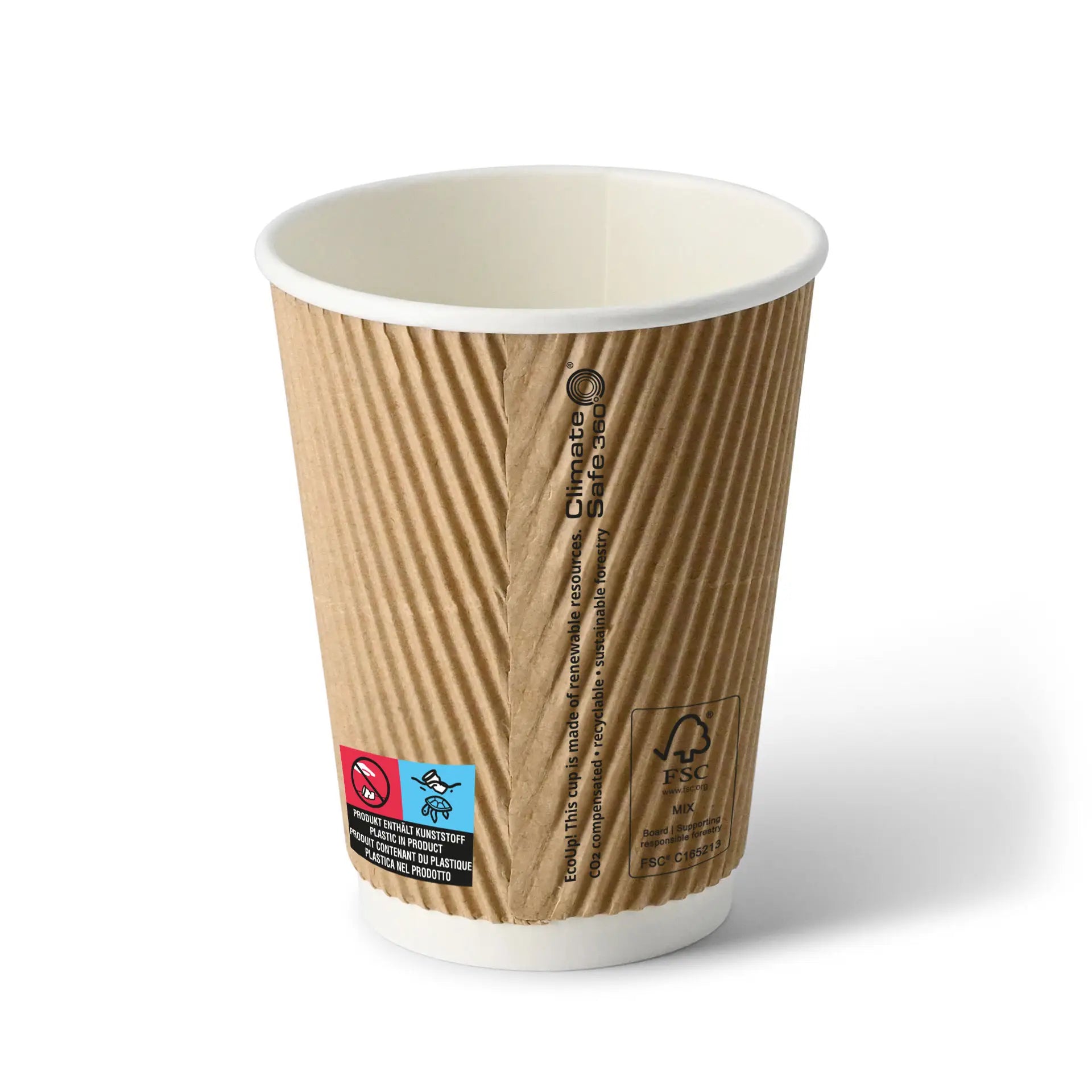 Riffelbecher (beschichtet) / Coffee to go Becher 300 ml / 12 oz, Ø 90 mm, braun, innen weiß