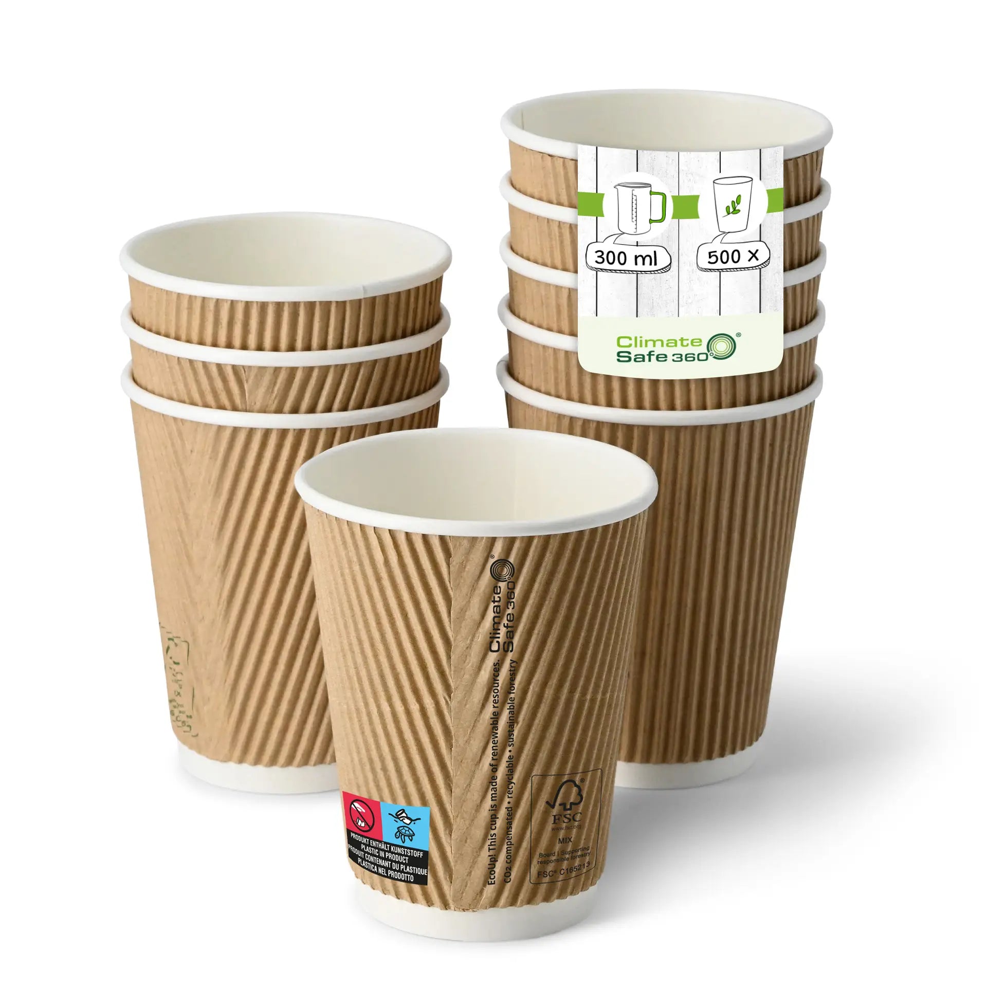 Riffelbecher (beschichtet) / Coffee to go Becher 300 ml / 12 oz, Ø 90 mm, braun, innen weiß
