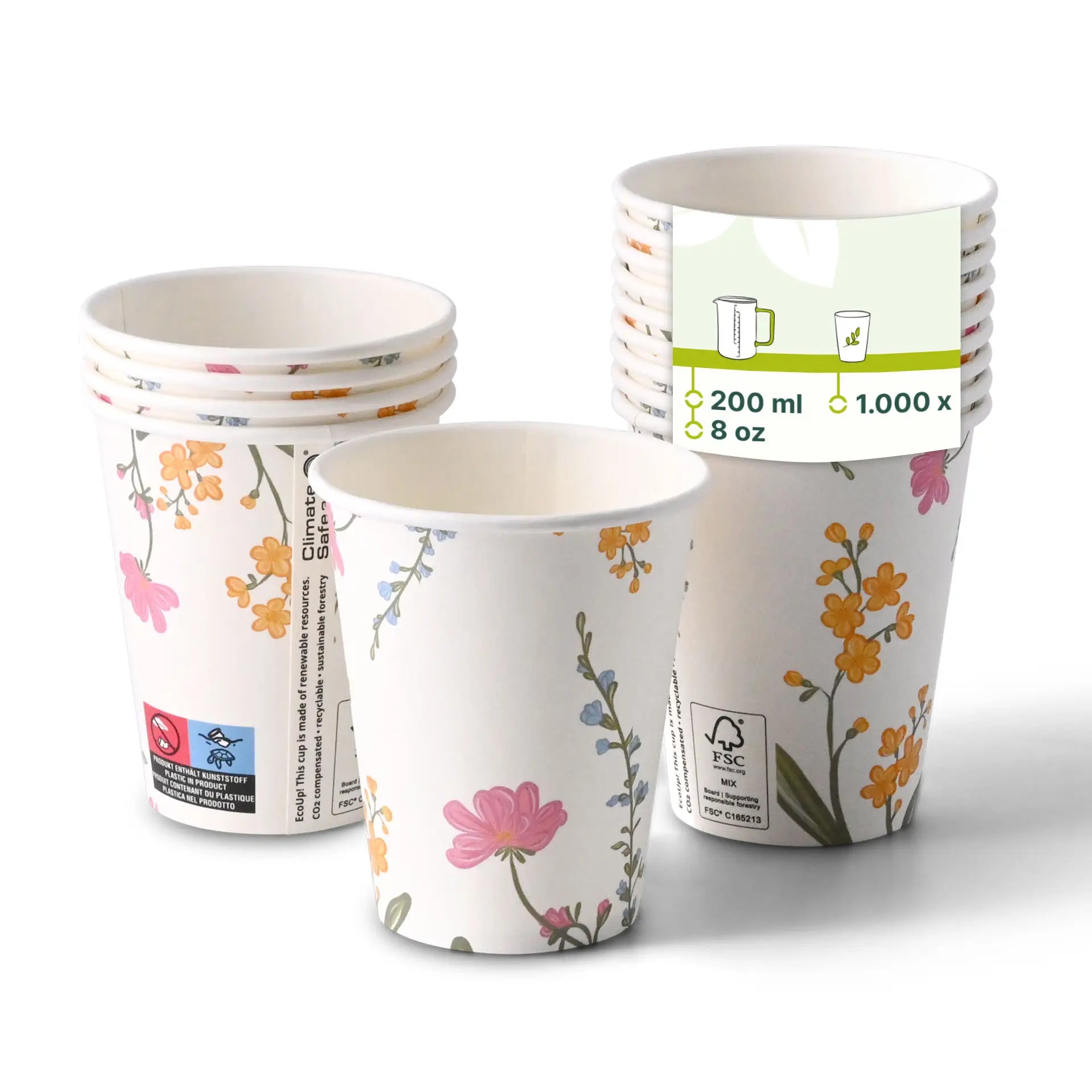 Pappbecher bedruckt "Frühling" (beschichtet) 200 ml / 8 oz, Ø 80 mm, weiß