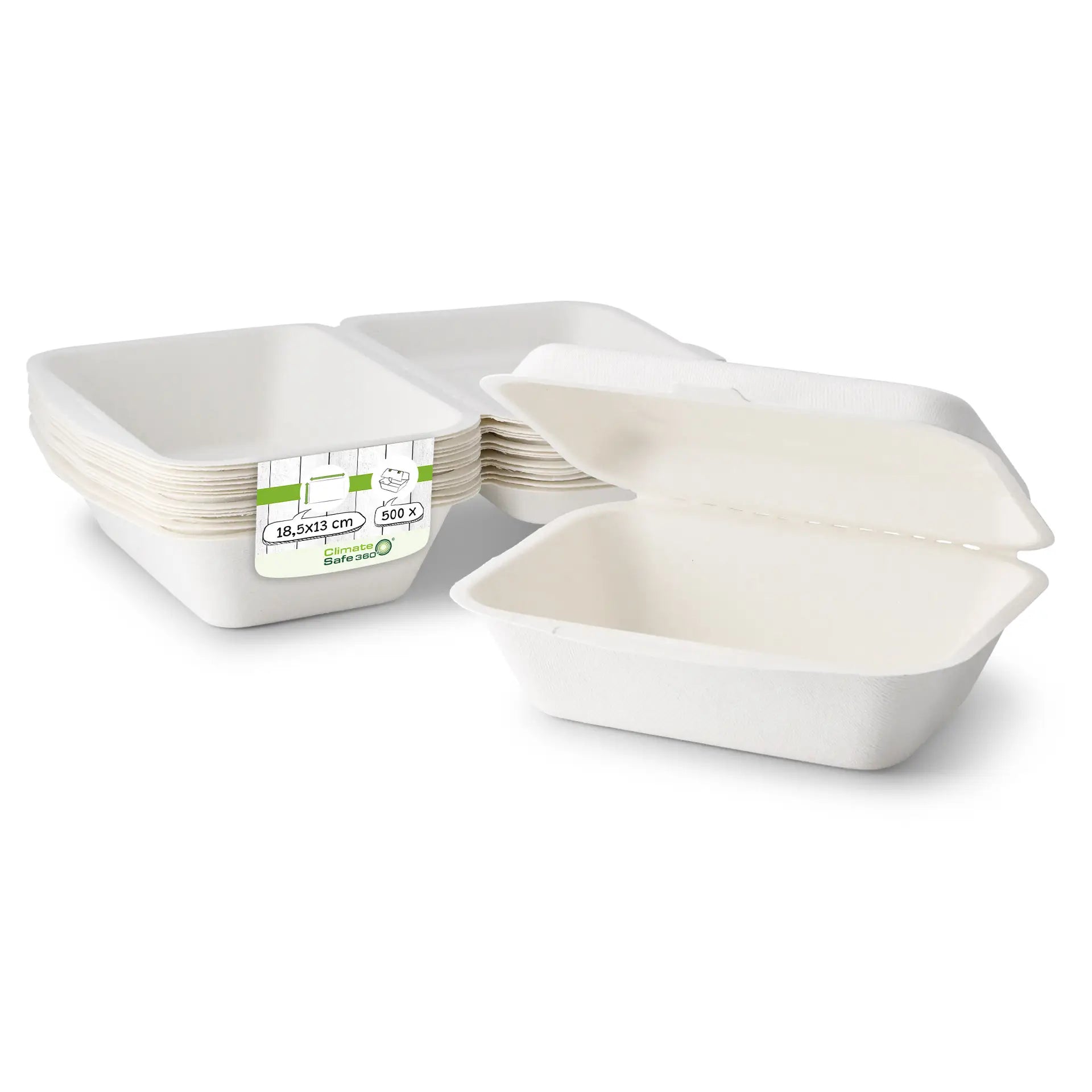 Sugarcane food containers 18.5 x 13 x 6.5 cm, hinged-lid, rectangular