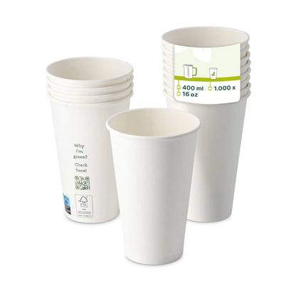 Pappbecher 400 ml / 16 oz, Ø 90 mm, einwandig, weiß, PLA-beschichtet