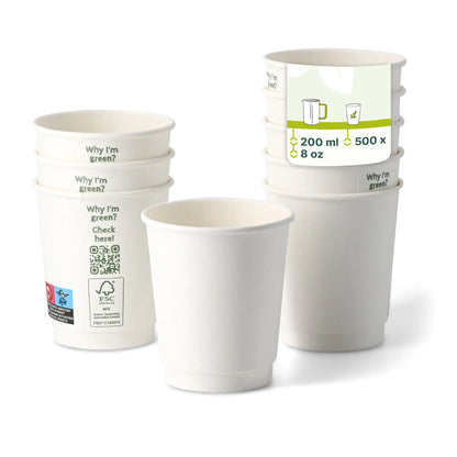 Kaffee to go Becher, 200 ml / 8 oz, Ø 80 mm, doppelwandig, weiß, PLA-beschichtet