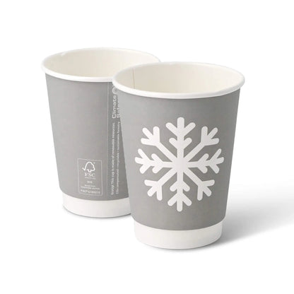 12 oz Paper cup double-walled Winter "Snowflake", Ø 90 mm, grey