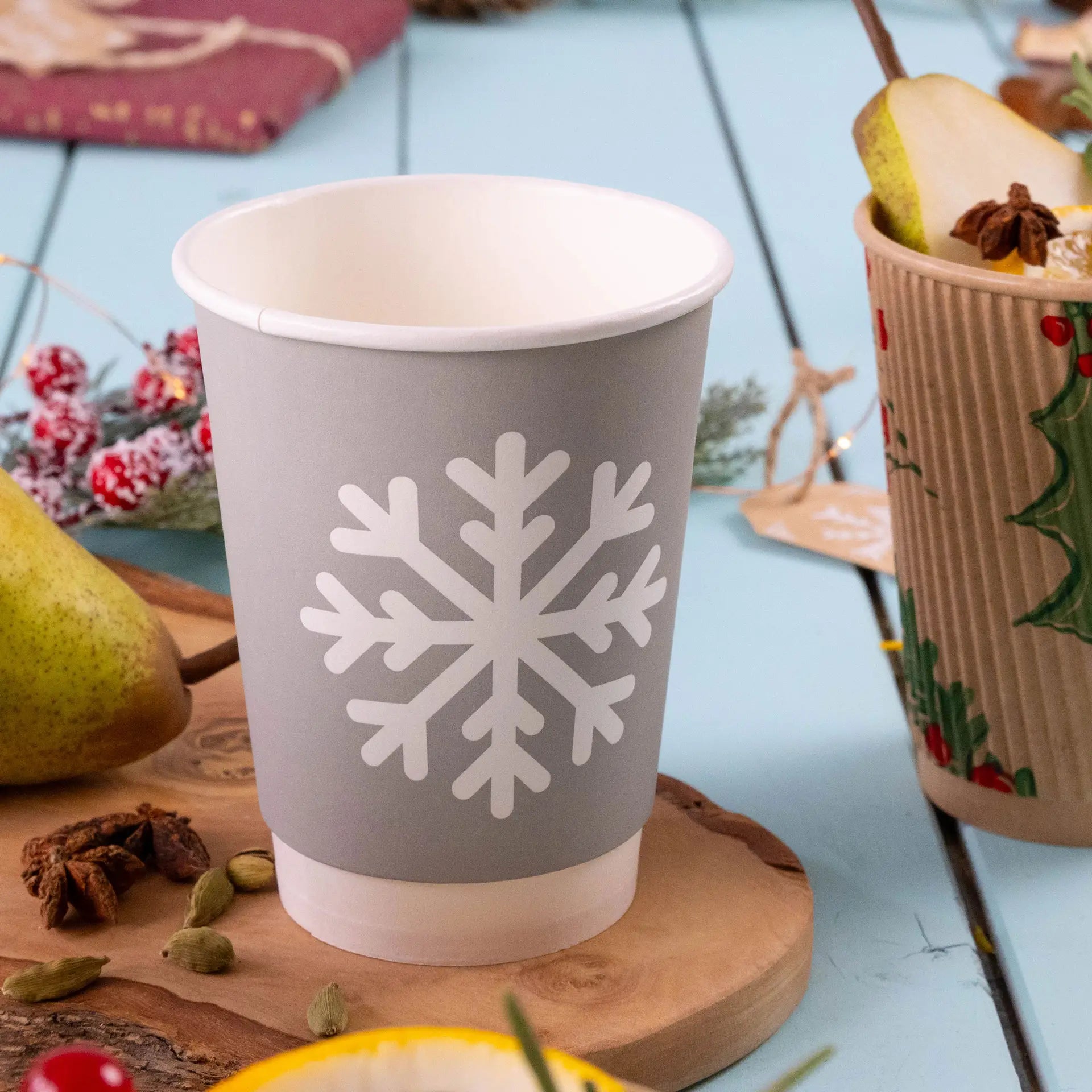 12 oz Paper cup double-walled Winter "Snowflake", Ø 90 mm, grey