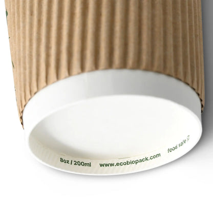 Riffelbecher / Coffee to go Becher 200 ml / 8 oz, Ø 80 mm, braun / innen weiß, PLA-beschichtet
