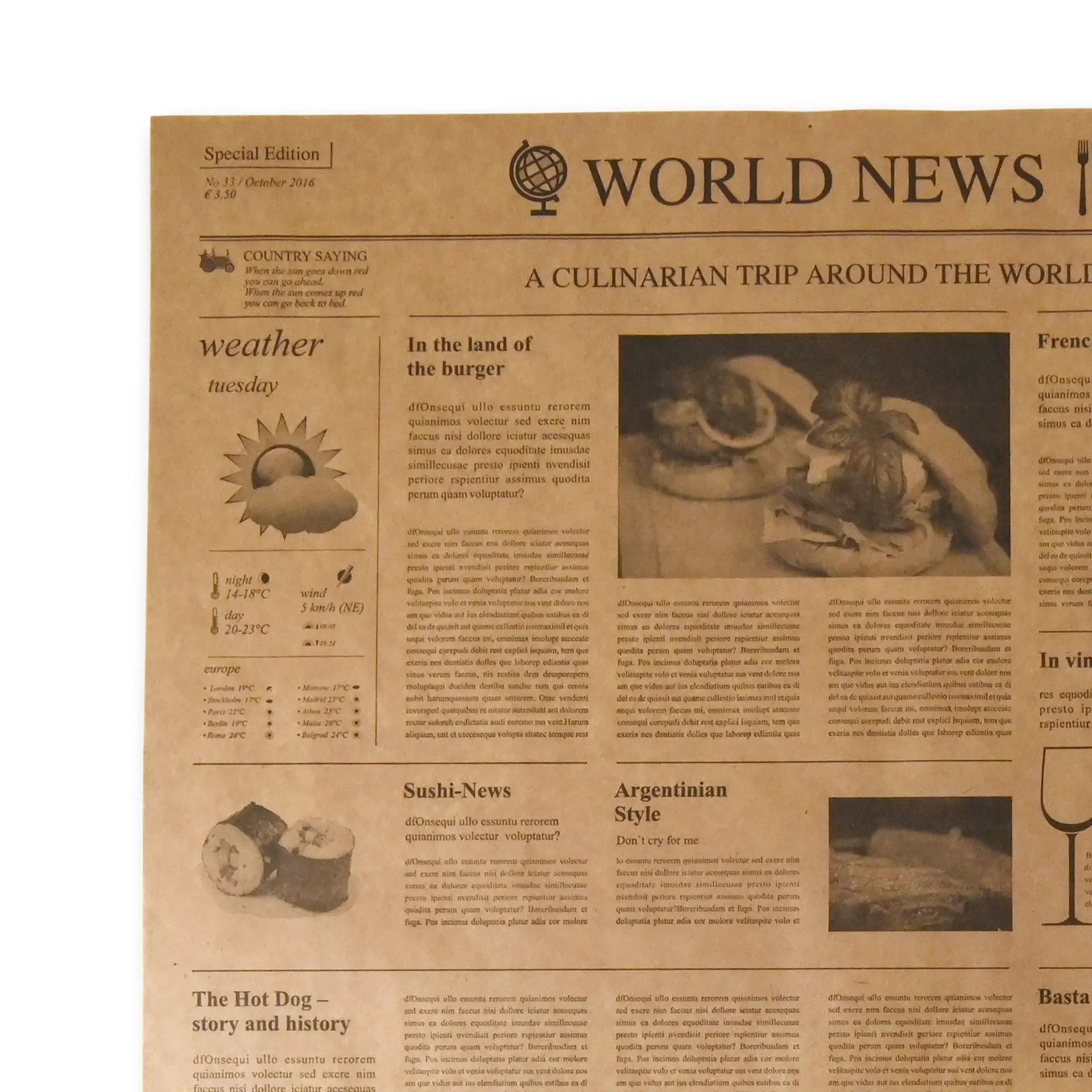Greaseproof paper 50 x 37.5 cm, newspaper look, kraft